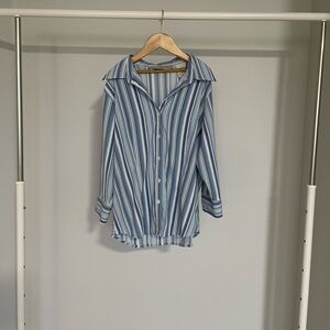 Blue and White Button-Up Blouse